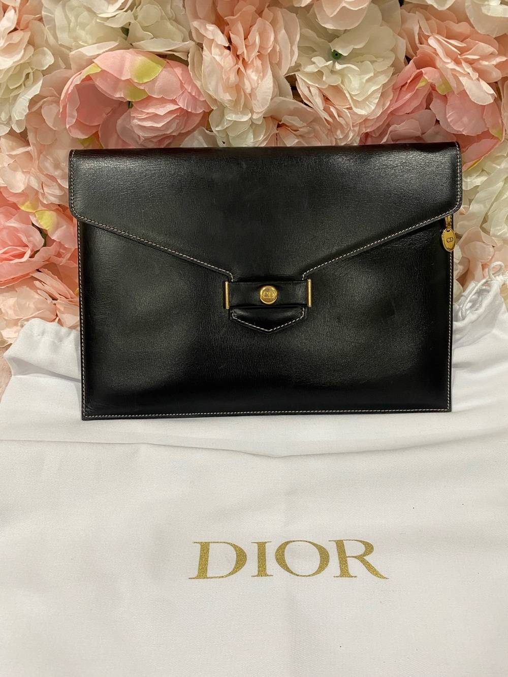 Dior Black Leather Envelope Clutch with Gold Hardware